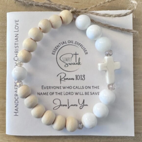 Simply Swank Bracelet - stretchy 7” - Raw Wood, White Shell - Picture 1 of 4